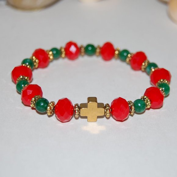 Cross Bracelet,Holiday Season Bracelet,Red and Green Bracelet,Golden Cross Brace - Picture 3 of 3